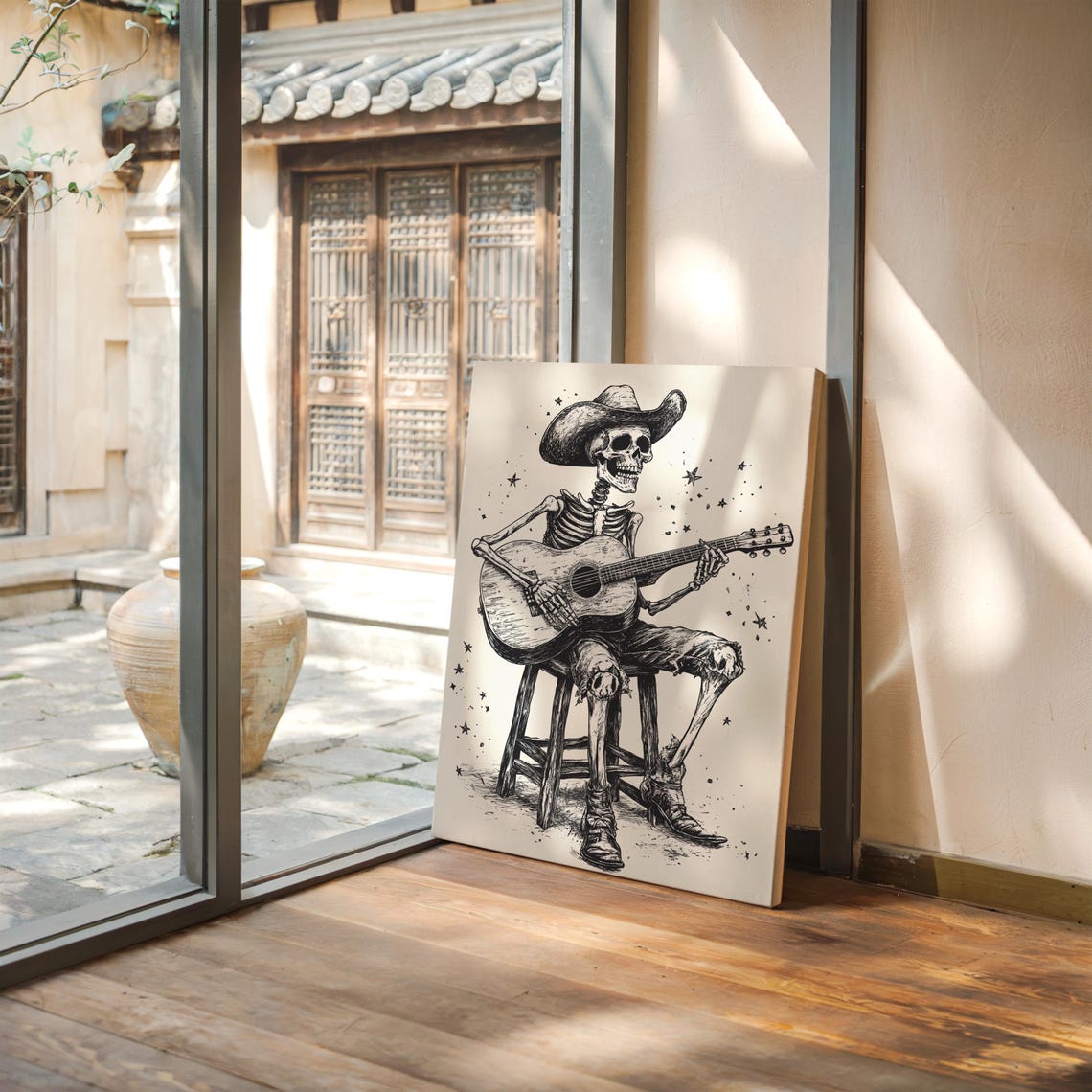 Cowboy Skeleton Playing Guitar Art Western Gothic Decor Vintage Country Music Wall Art Dark Western Illustration Print - Image 5