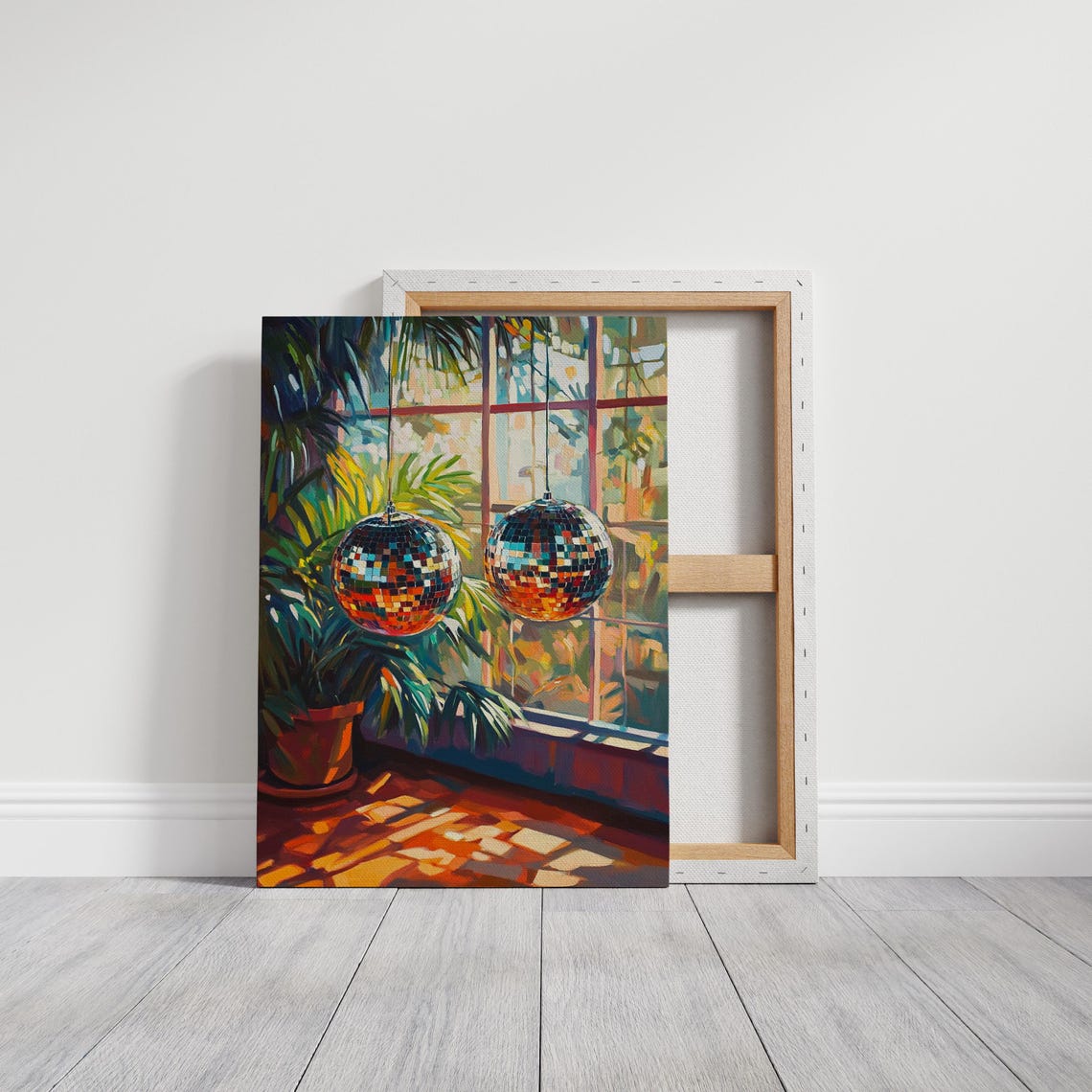 Retro Disco Ball Art Vibrant Sunlit Scene With Hanging Disco Balls Tropical Plants And Warm Sunset Tones Funky Wall Decor - Image 3