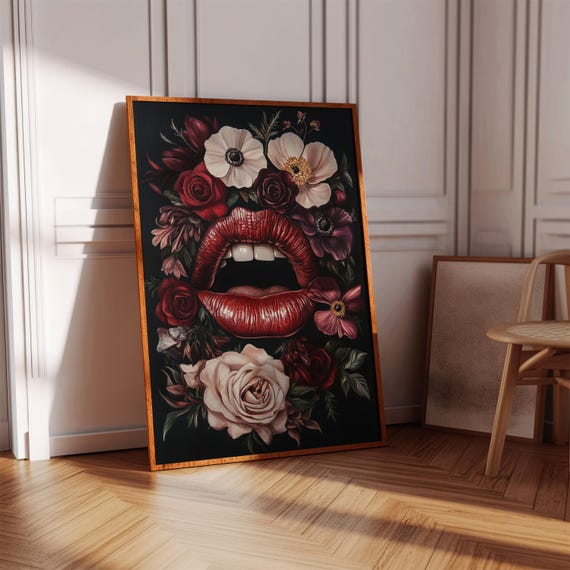 Glossy Red Lips With Roses And Anemones Canvas Art Bold Floral Mouth Portrait Glam Gothic Wall Decor For Bedroom Or Vanity Room
