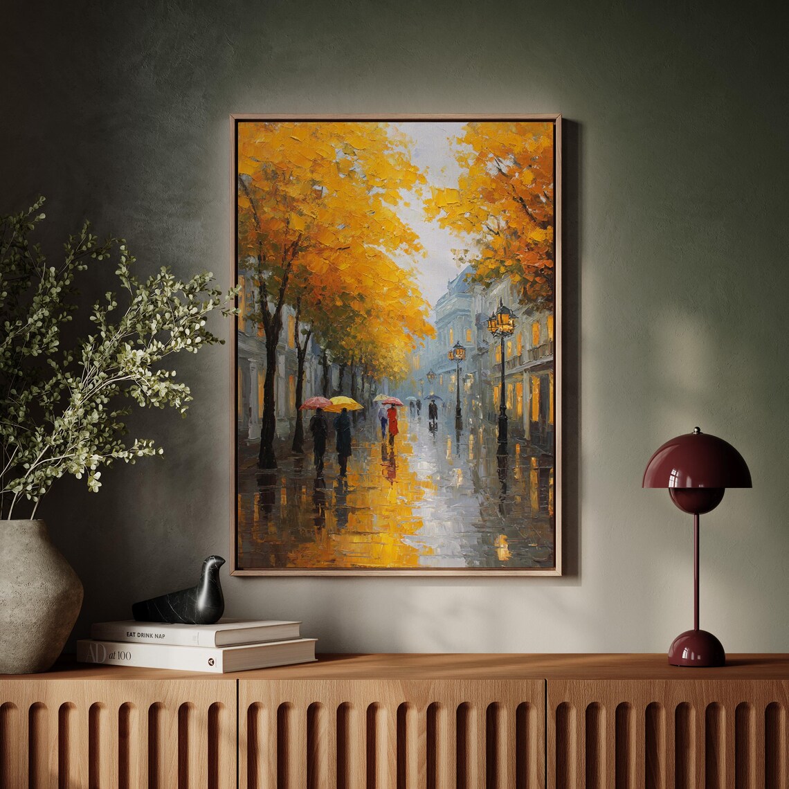 Autumn City Street Painting, Romantic Rainy Art Print