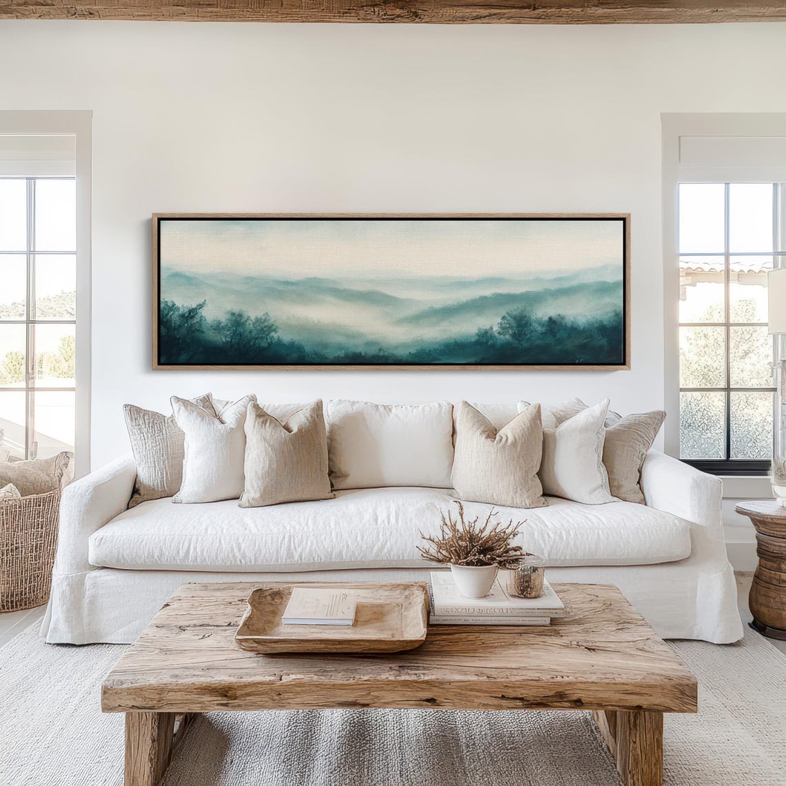 Misty Mountain Layers In Teal Fog Minimalist Panoramic Nature Wall Art