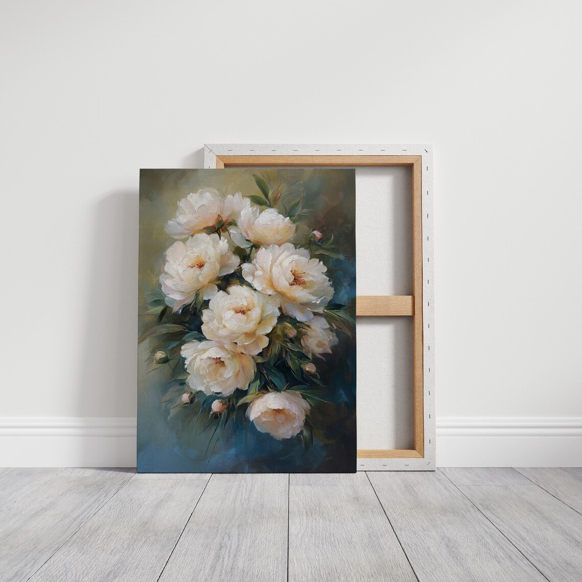 Cream White Peony Bouquet Oil Painting on Teal Floral Poster - Image 3