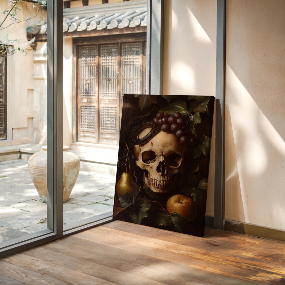 Skull Snake Grapes Pear Apple Dark Gothic Still Life Oil Painting Poster - Image 4