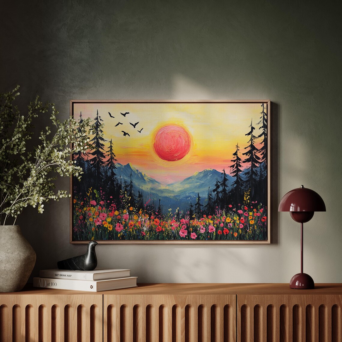 Golden Sunset Over Mountain Meadow With Wildflowers And Birds Poster - Image 7