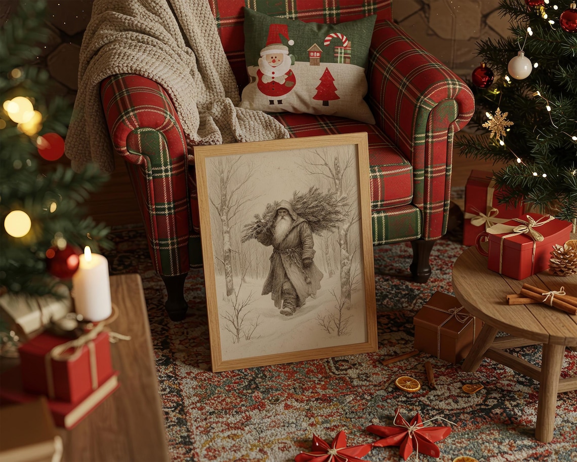 Vintage Santa Carrying Pine Tree, Winter Art Print