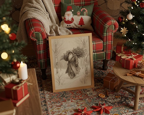 Vintage Santa Carrying Pine Tree, Winter Art Print