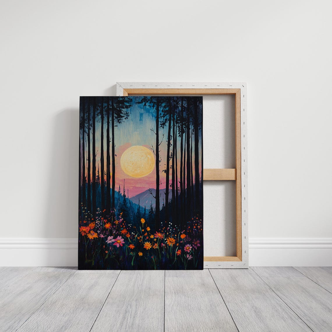 Full Moon Over Wildflower Forest Vibrant Sunset Mountain Poster - Image 3