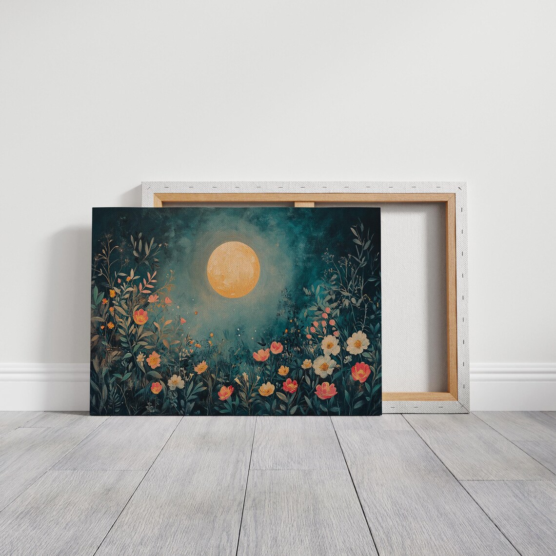 Moonlit Floral Garden With Glowing Golden Moon Teal Night Poster - Image 4