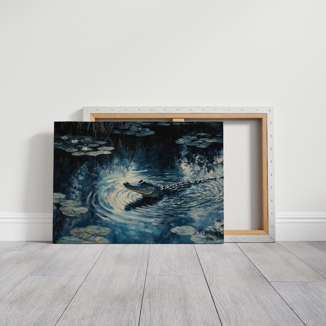 Alligator Gliding Through Moonlit Water Lily Pond Night Poster - Image 6