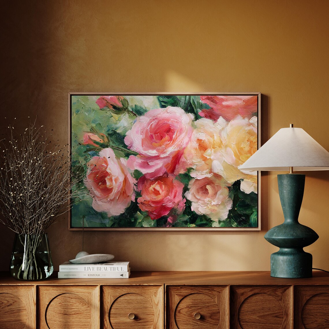 Romantic Pink Rose Bouquet Impasto Oil Painting Floral Art Poster