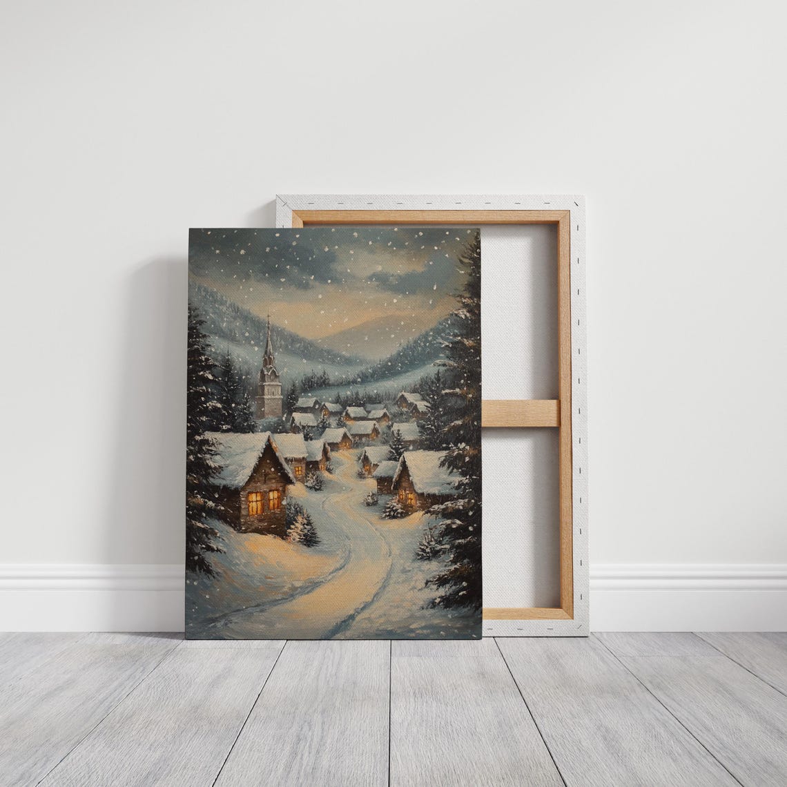 Snow Covered Village With Church Steeple Winter Evening Art Print - Image 3