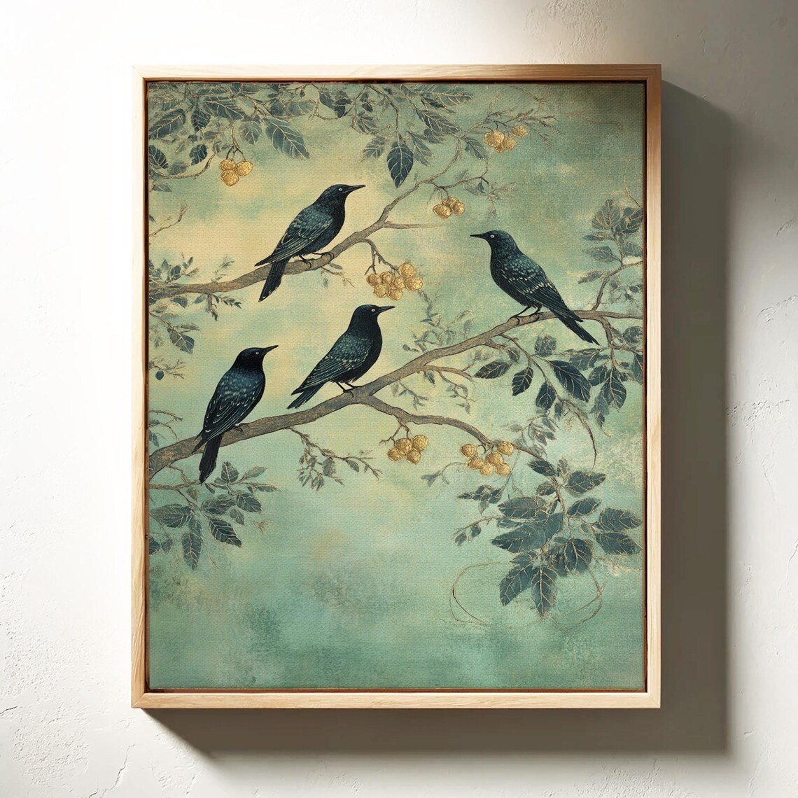 Blackbirds On Branches With Golden Berries, Vintage Nature Art Print - Image 3