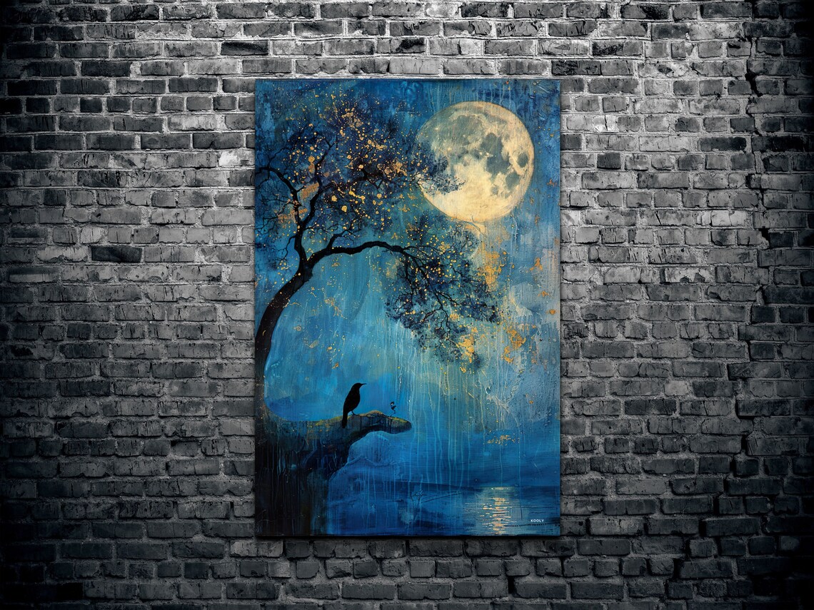 Moon At Night With Crow, Lone Tree Art Print - Image 2