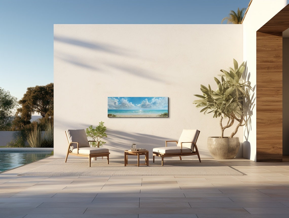 Peaceful Serene Coastal Beach Painting with White Clouds Poster - Image 7