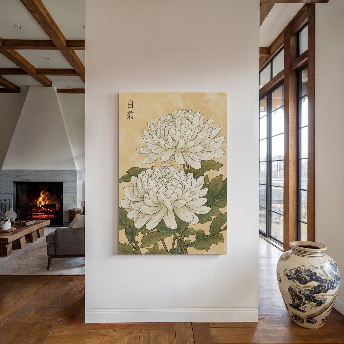 White Chrysanthemum Pair Black Kanji Gold Japanese Floral Poster - Image 4