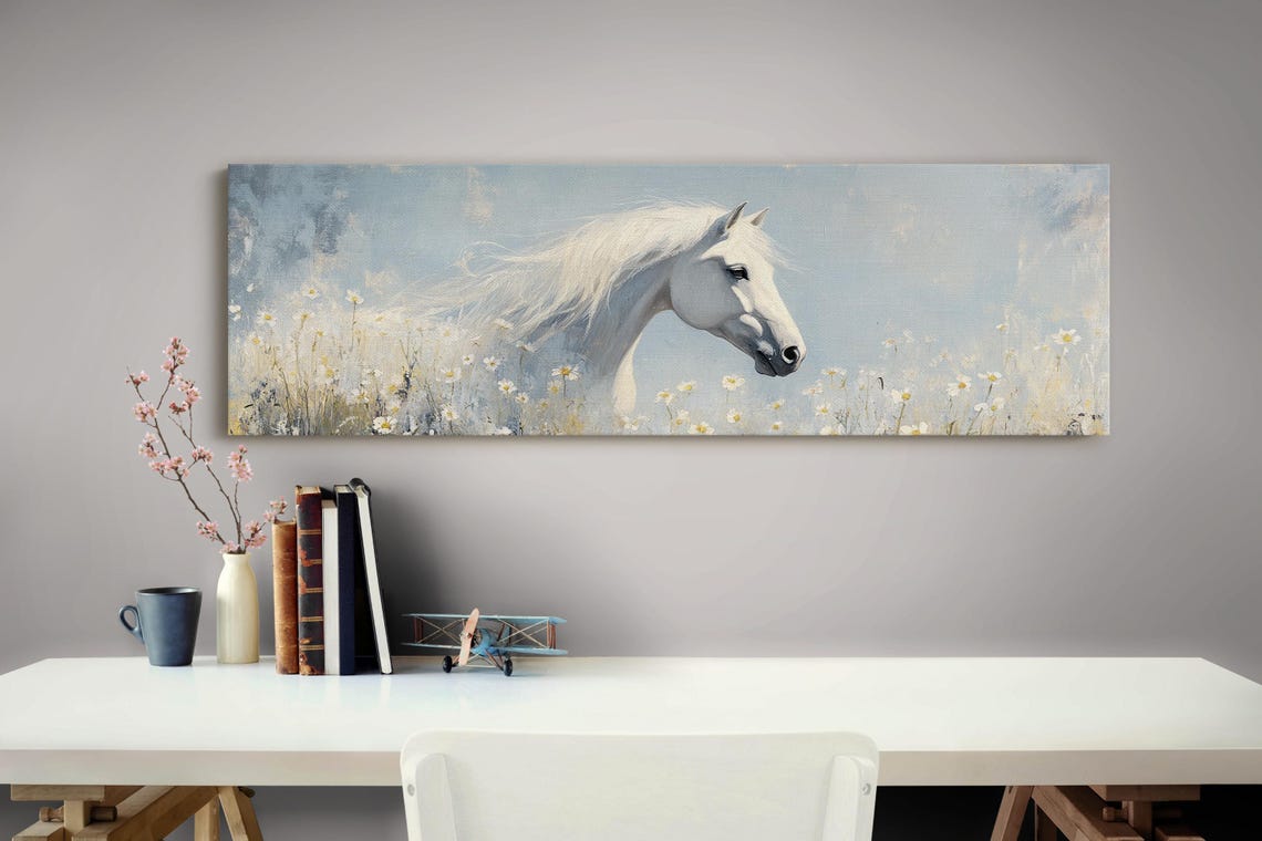 White Horse Daisy Field Profile Serene Equine Panorama Poster - Image 3