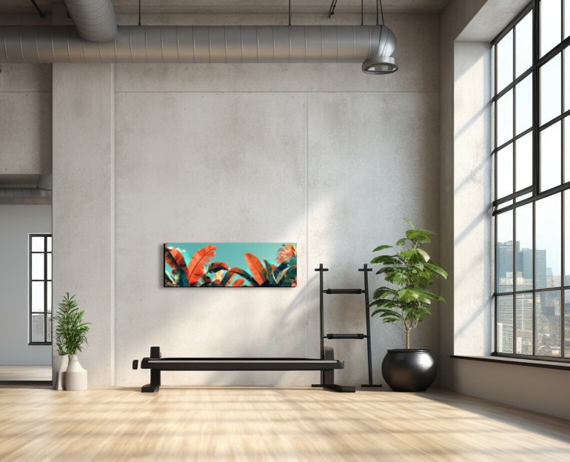 Burnt Orange Banana Leaves Against a Teal Sky Panoramic Poster - Image 6