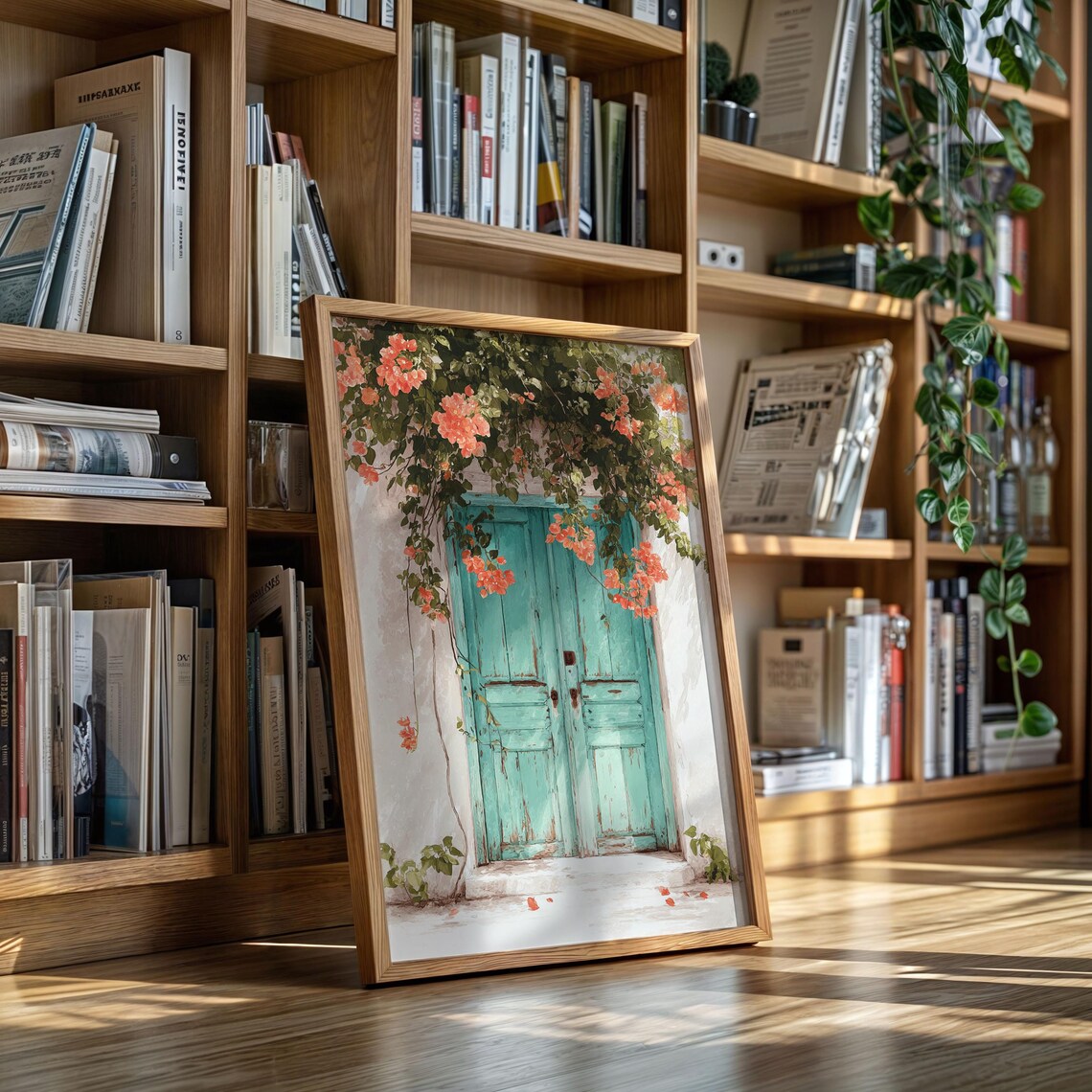 Weathered Turquoise Wooden Door With Flowering Vines Photo Print