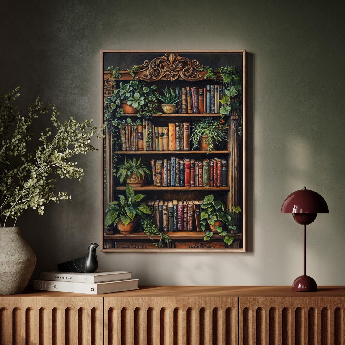 Vintage Bookshelf Wall Art Print, Cozy Boho Decor