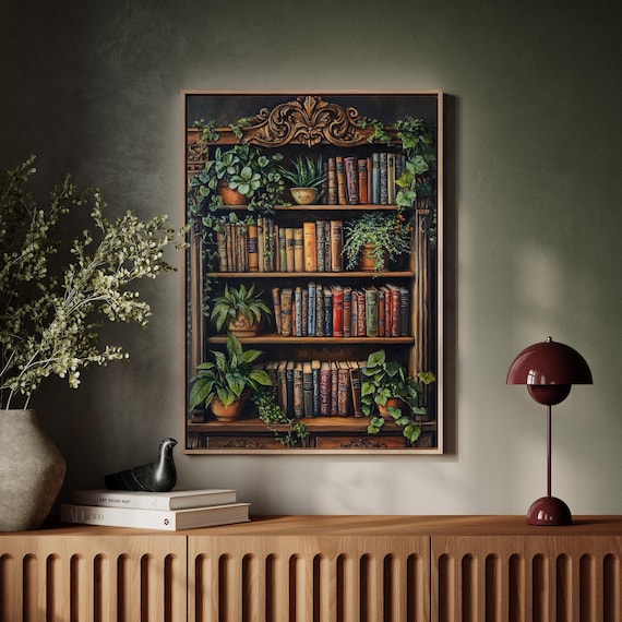 Vintage Bookshelf Wall Art Print, Cozy Boho Decor