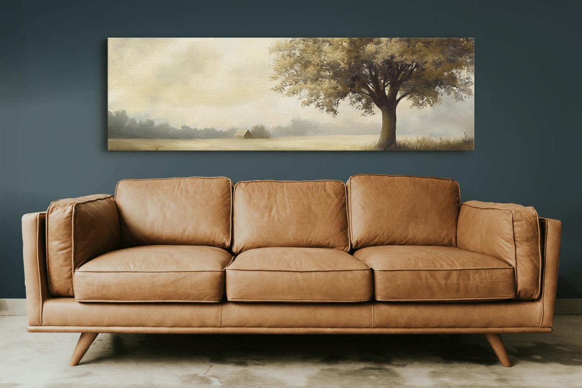 Lone Tree Misty Field Distant Barn Vintage Neutral Landscape Poster - Image 4