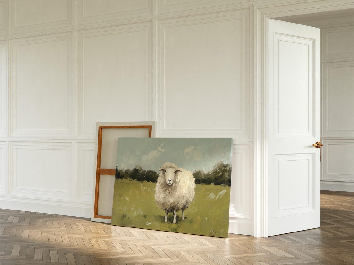Rustic White Sheep Portrait in Meadow Textured Oil Painting Poster - Image 3