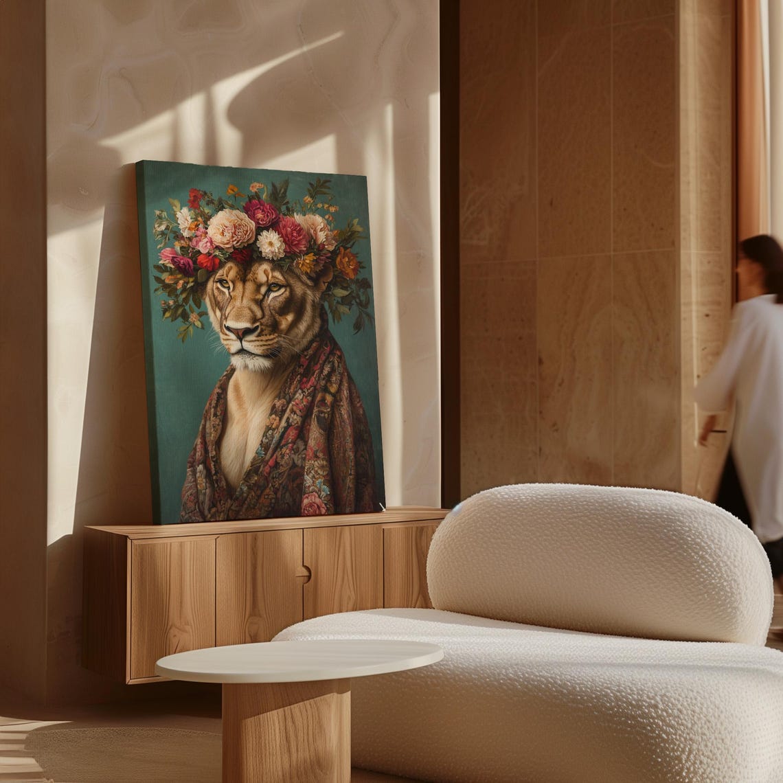 Lioness Wearing Vibrant Flower Crown Floral Shawl Boho Portrait Poster - Image 5