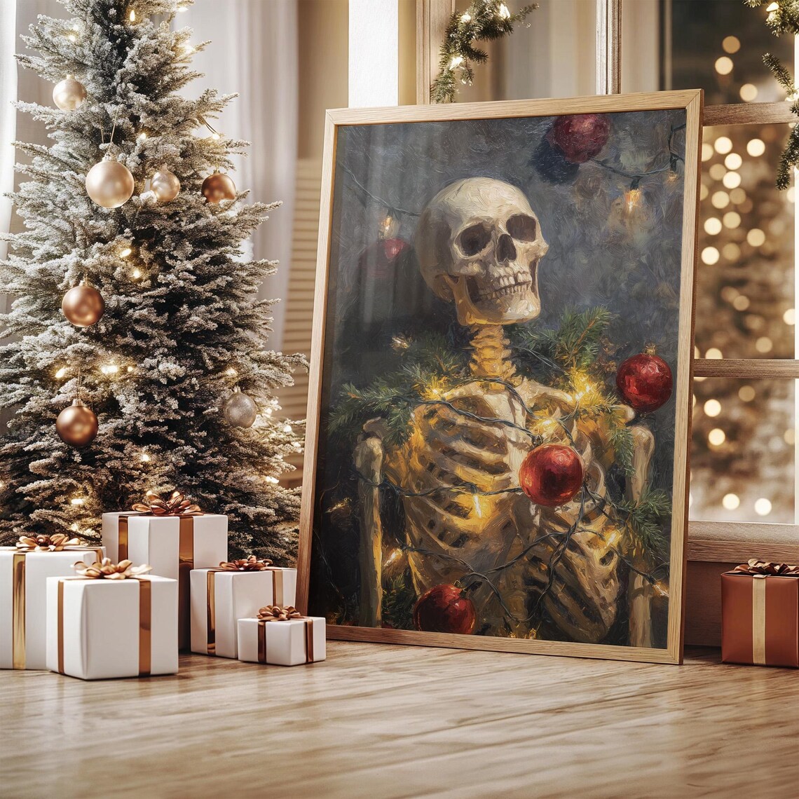 Skeleton Wrapped In Christmas Lights, Art Print