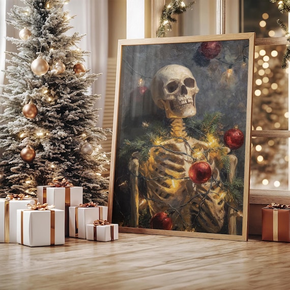 Skeleton Wrapped In Christmas Lights, Art Print