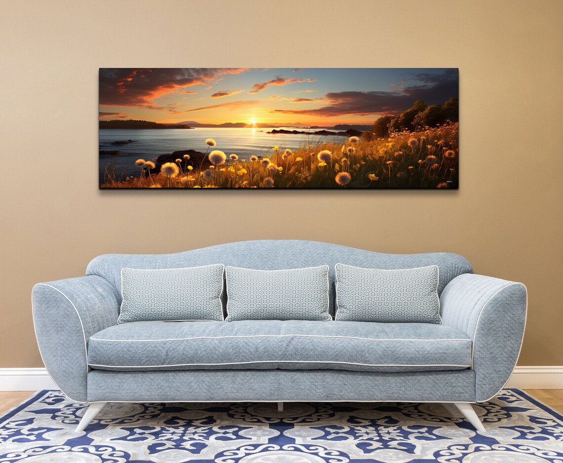 Dandelion Field Lake Sunset Golden Hour Panoramic Art Poster - Image 3