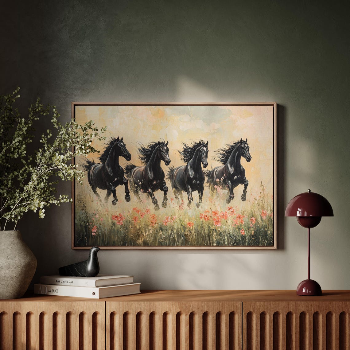 Four Black Stallions Galloping Through Wildflower Meadow Poster - Image 4