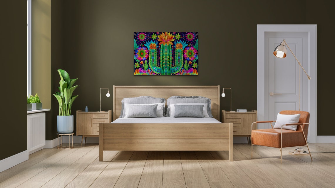 Neon Blooming Cactus Psychedelic Flowers Dark Background Wall Print - Image 3