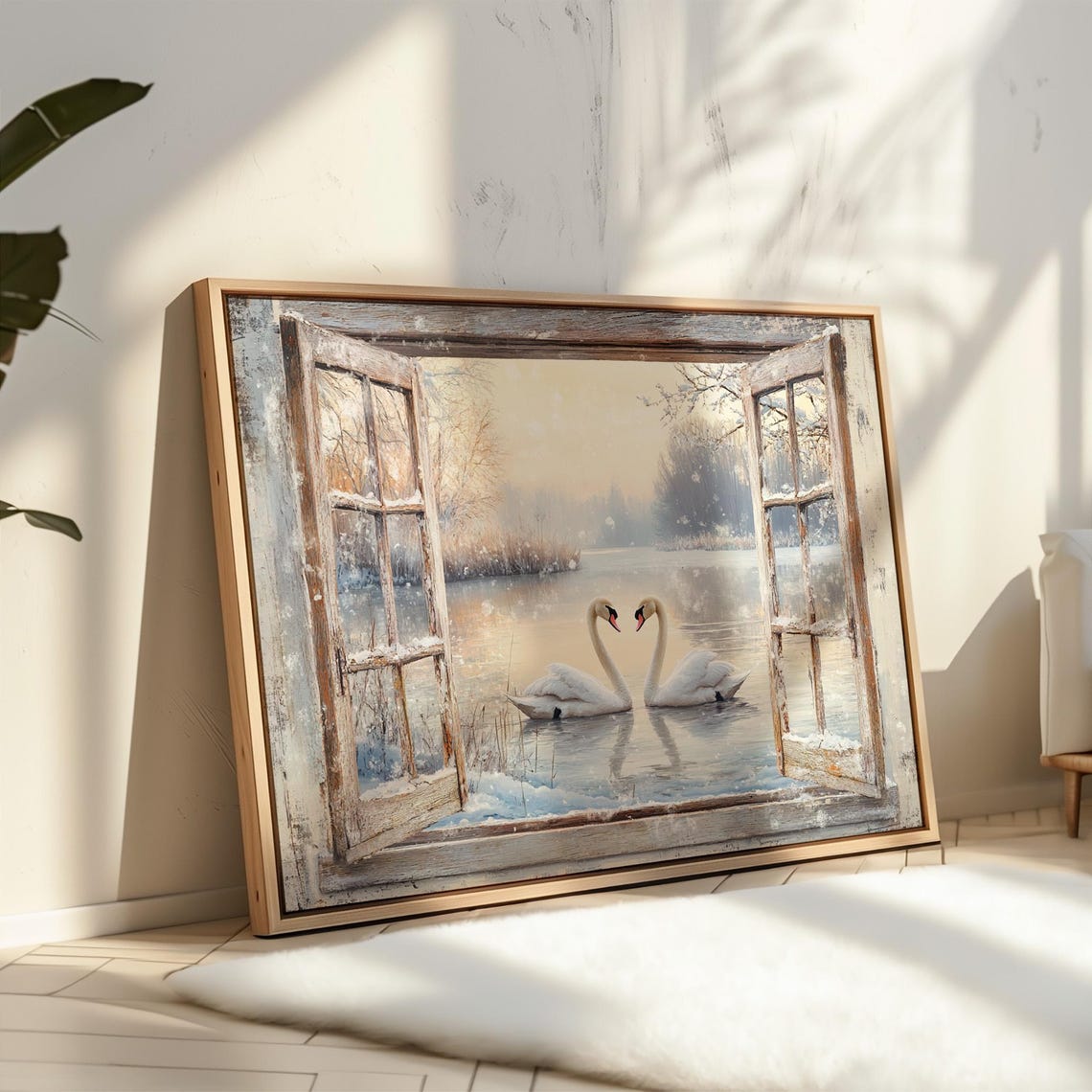 Pair Of Swans On Snowy Lake Rustic Window Frame Winter Poster