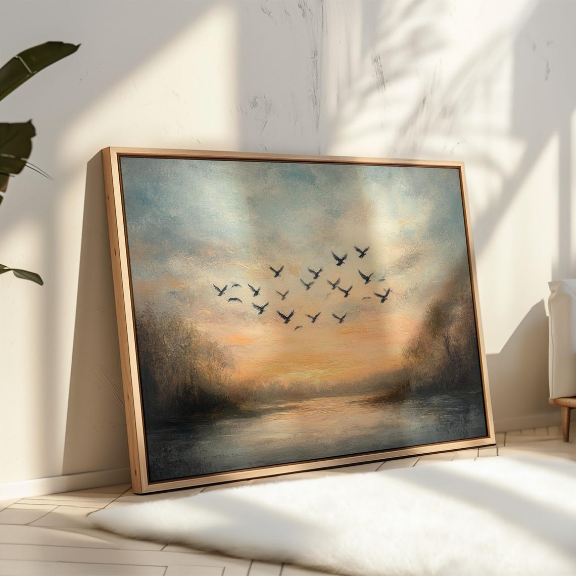 Sunset Birds Flock Over Lake Golden Sky Tranquil Wildlife Poster - Image 3