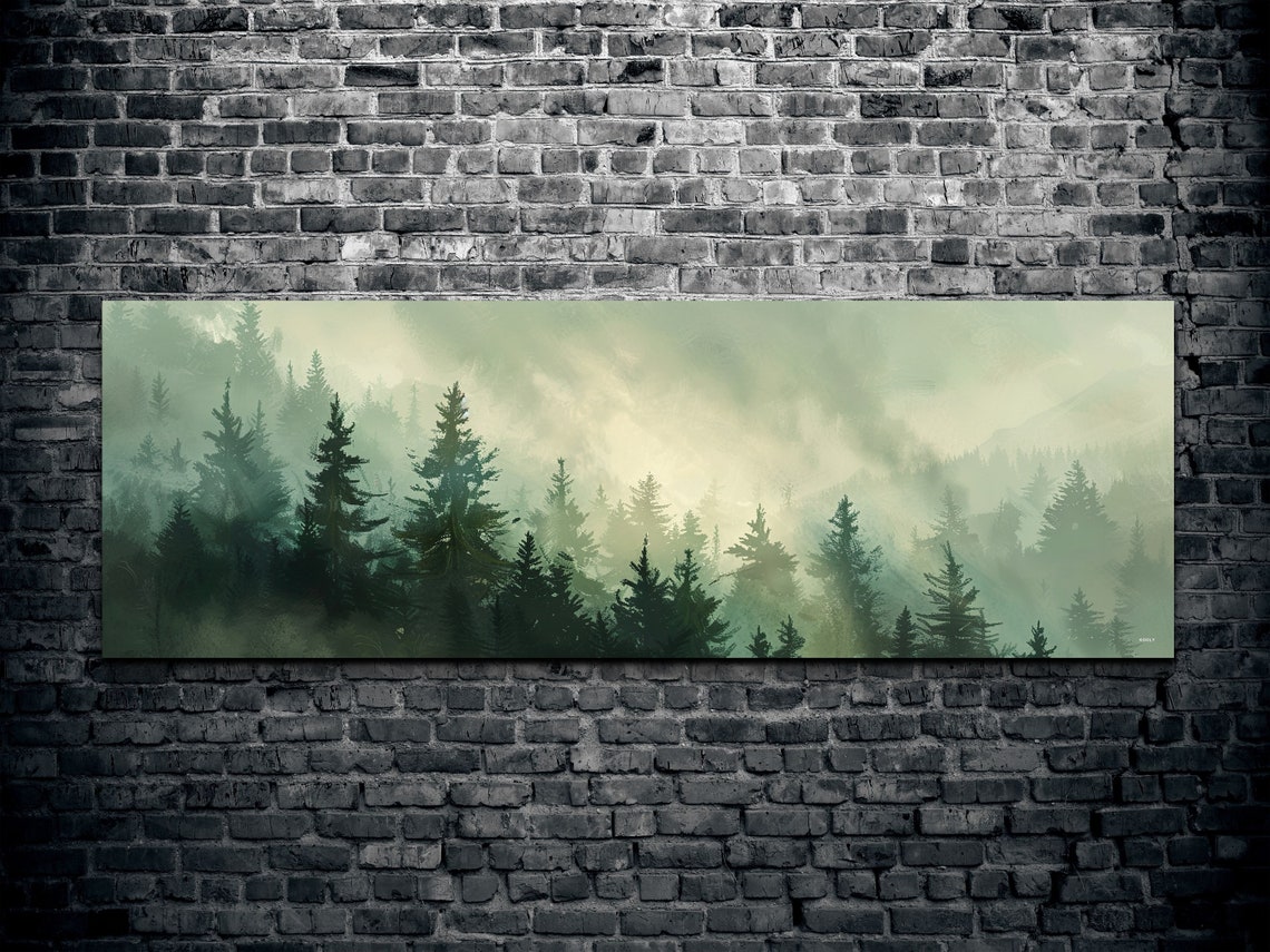 Morning Fog Rolling Over a Misty Pine Forest Panoramic Wall Art - Image 3