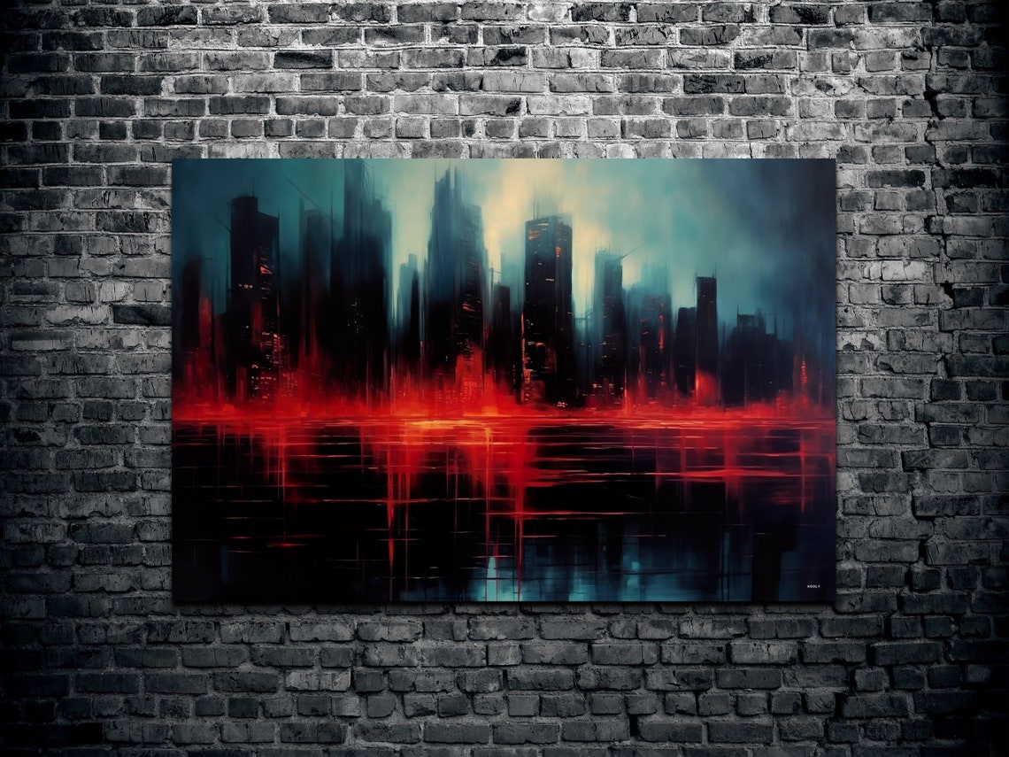 Abstract City Skyline At Night In Red And Teal Oil Style Poster - Image 2