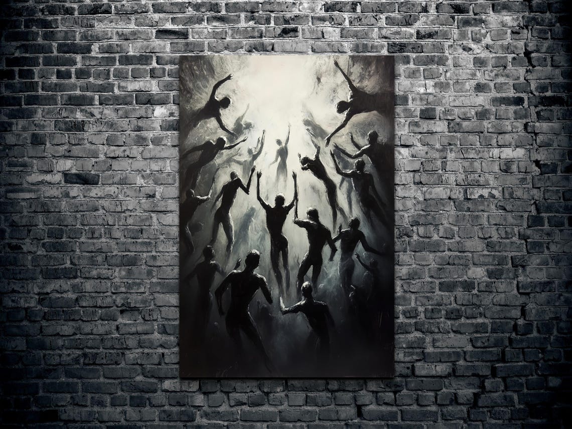 Silhouettes Rising Toward Light Dramatic Black and White Poster - Image 2
