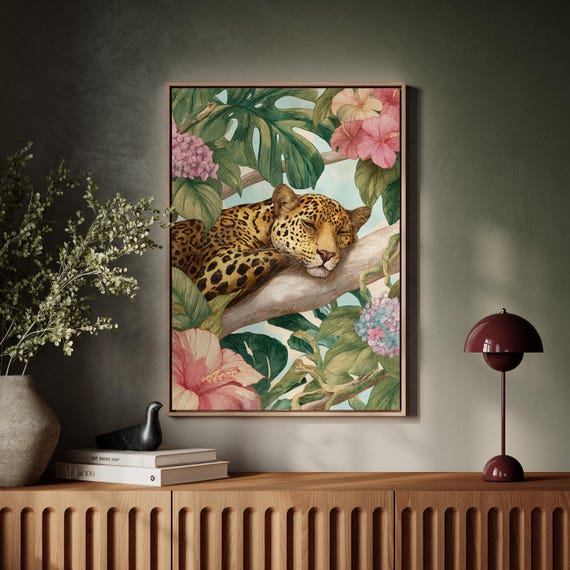 Leopard Resting Among Tropical Flowers