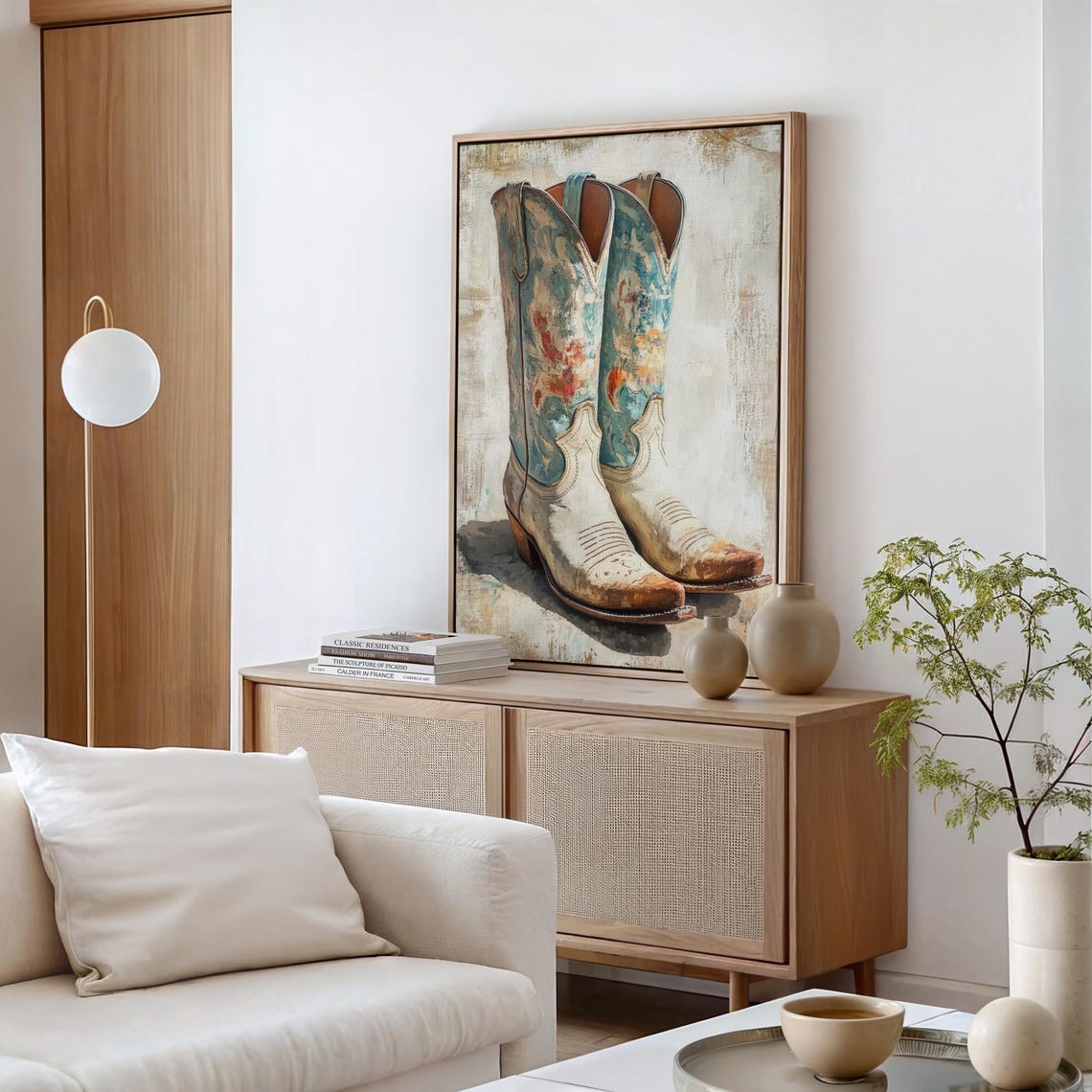 Vintage Cowboy Boots Art Rustic Western Decor Distressed Blue And White Boots Painting For Farmhouse Style - Image 4