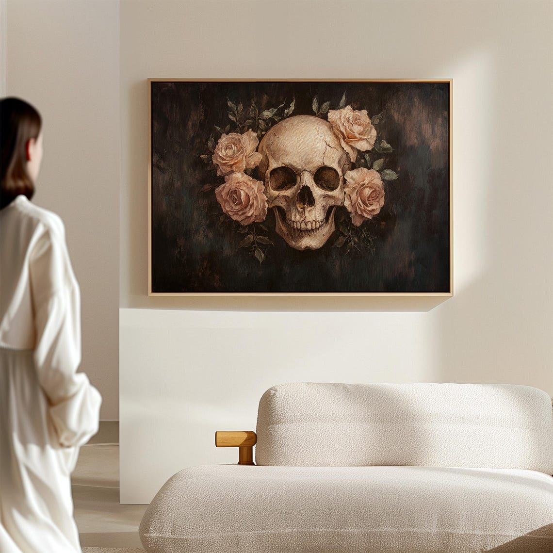 Human Skull With Roses On Dark Background Gothic Floral Oil Poster - Image 6
