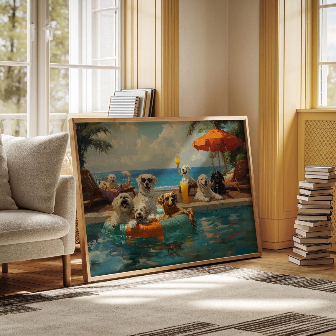 Funny Dogs Pool Party Poodles Floating Tropical Resort Art Poster - Image 2
