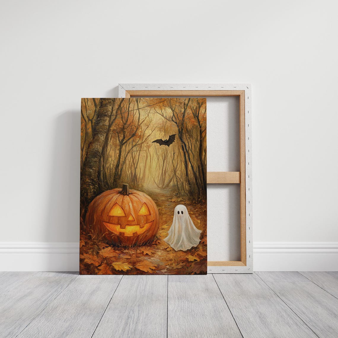 Glowing Jack O Lantern With Cute Ghost In Golden Autumn Woods Poster - Image 3