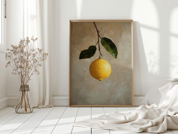Lemon Branch Canvas Print Minimalist Yellow Fruit Wall Art Rustic Botanical Kitchen Decor Farmhouse Style Citrus Oil Painting Poster