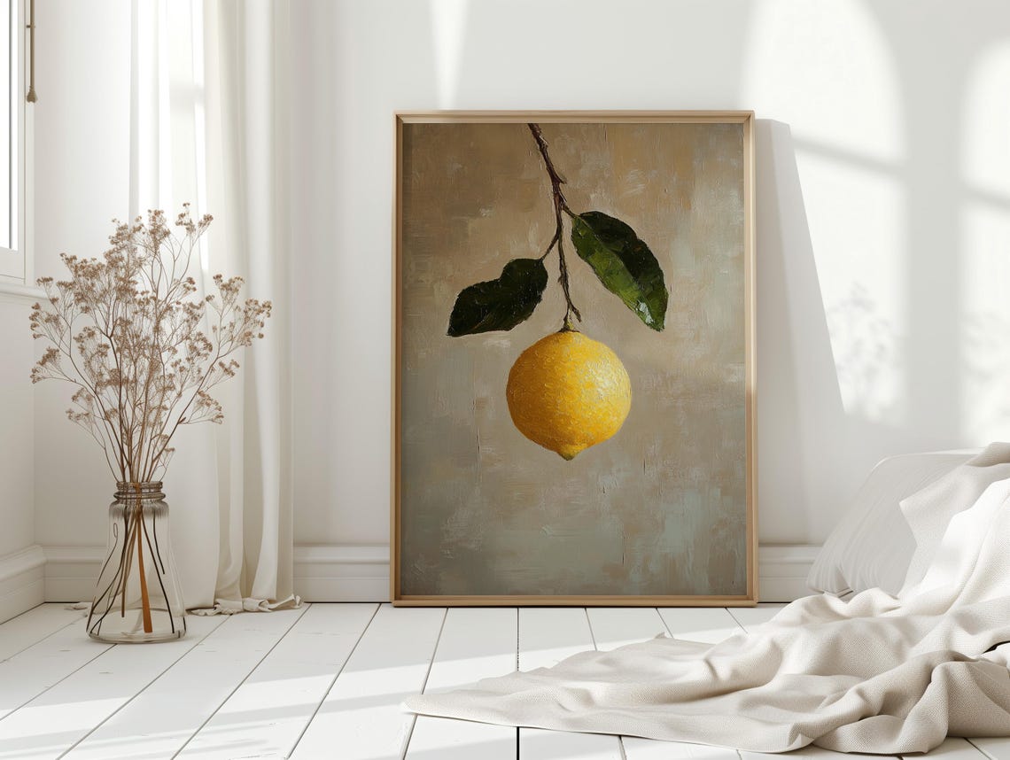 Hanging Lemon Minimalist Oil Painting Warm Neutral Citrus Wall Art