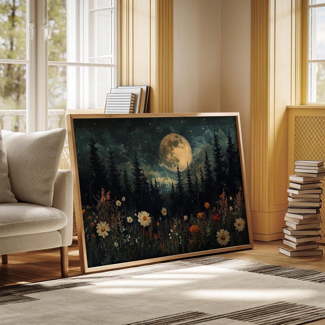 Moonlit Forest With Full Moon Stars And Wildflower Meadow Poster - Image 3
