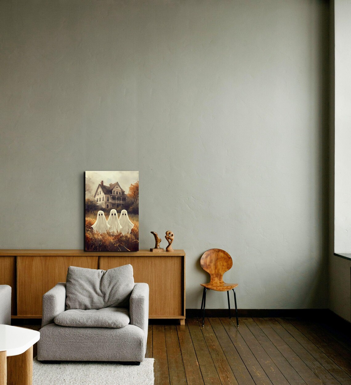 Three Cute Ghost Friends Old House Autumn Field Halloween Poster - Image 6