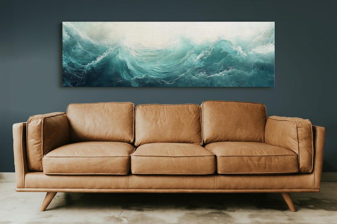 Turbulent Teal Ocean Wave Crashing Sea Foam Panoramic Coastal Print - Image 4