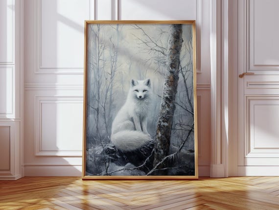White Arctic Fox In Winter Forest Mystical Snowy Landscape Canvas Wall Art For Nature Animal Lovers