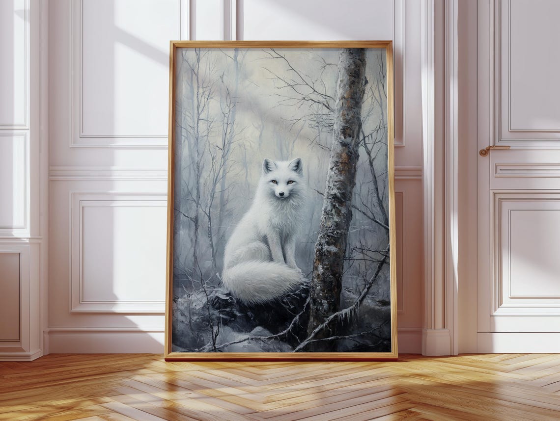 White Arctic Fox In Snowy Birch Forest Winter Wildlife Art Poster