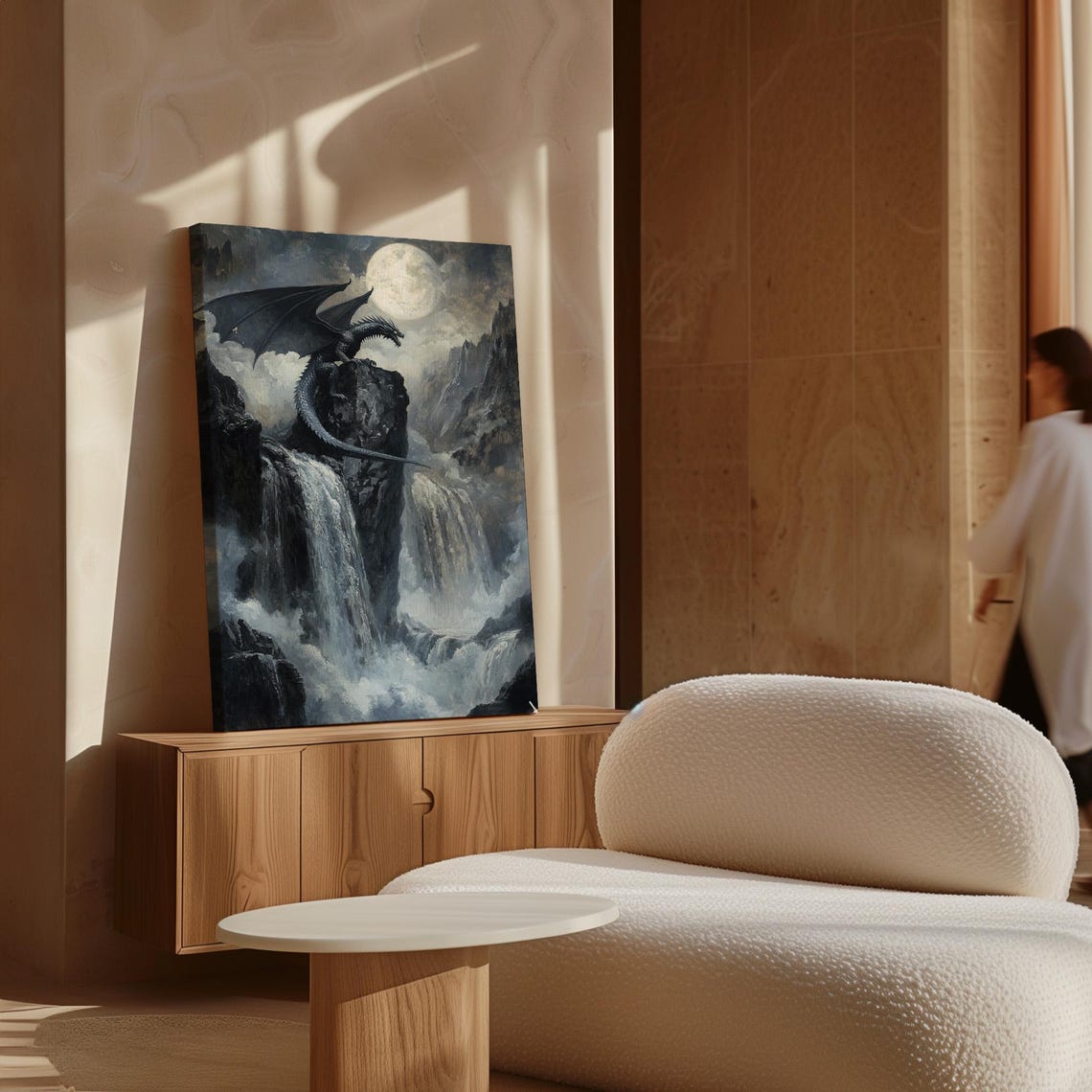 Majestic Dragon Over Waterfalls Moonlit Fantasy Mountain Poster - Image 6